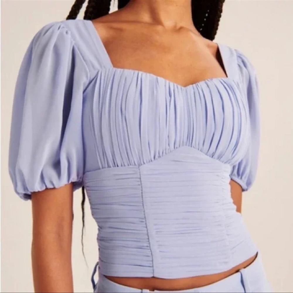 Light Blue Puff Sleeve Ruched Square-Neck Top